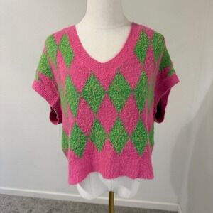 Free People Through the Motions Pink‎ Green Argyle Fuzzy Sweater Vest Top XS